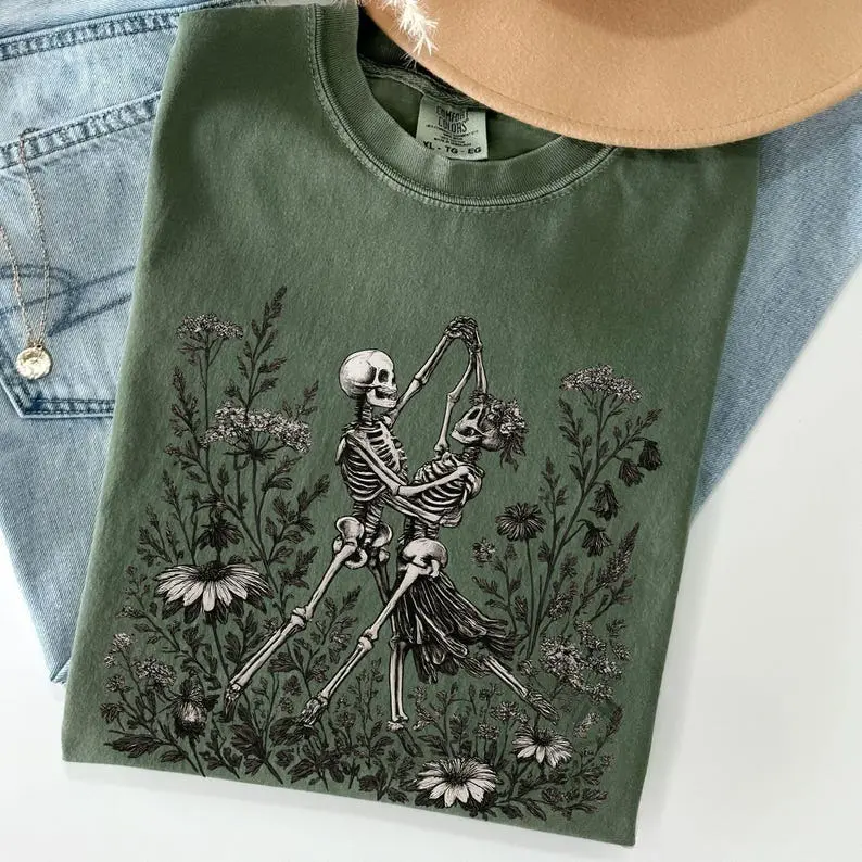 Comfort Colors Skeleton Couple Dancing Shirt, Linocut Skeleton Lovers Tee, Gothic Romance Shirt, Cottagecore Halloween Tee, Vintage Botanical Floral Tshirt