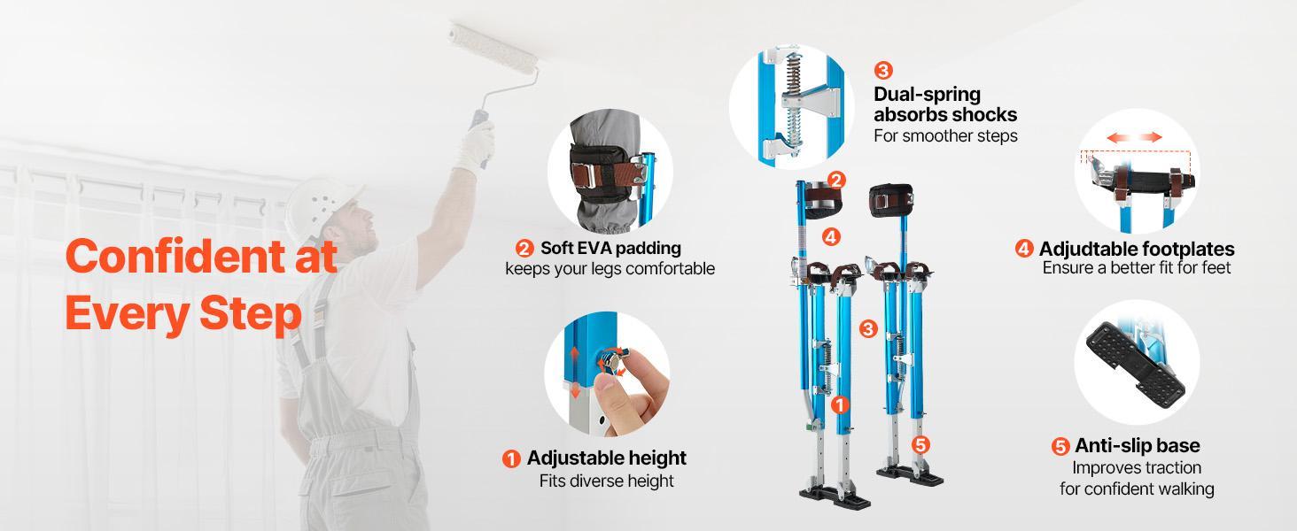 VEVOR Drywall Stilts for Painters & Cleaning, Aluminum Sturdy Structure, 24.2-40.3 in Adjustable Height, 228 lbs Load Capacity, Non-Slip Rubber Feet, Dual Spring Shock Absorption, Comfortable Leg Straps, 3-Level Heel Brackets, Blue#BackToSchool VEVOR Drywall Stilts for Painters & Cleaning, Aluminum Sturdy Structure, 24.2-40.3 in Adjustable Height, 228 lbs Load Capacity, Non-Slip Rubber Feet, Dual Spring Shock Absorption, Comfortable Leg Straps, 3-Level Heel Brackets, Blue#BackToSchool
