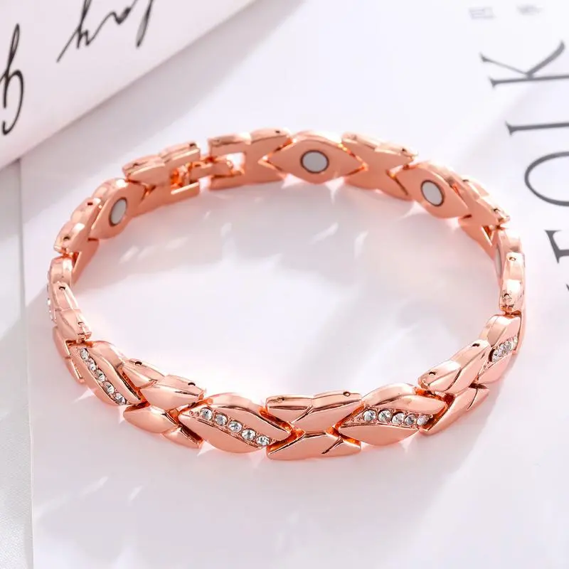 Pure Copper Magnetic Bracelet for Women, Elegant Diamond Encrusted Leaf Design with 3500 Gauss Magnets, Adjustable Exquisite Jewelry, Bling Diamond Bracelet, Diamond Encrusted Bracelet