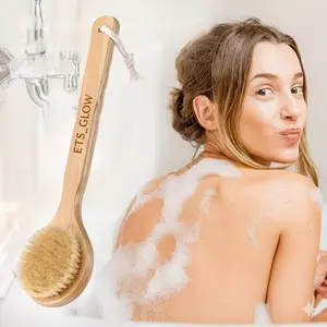 Shower Brush with Natural Bristle - Long Bamboo Handle Bath Body Brush for Wet or Dry Brushing - Improves Blood Circulation, Exfoliating Skin