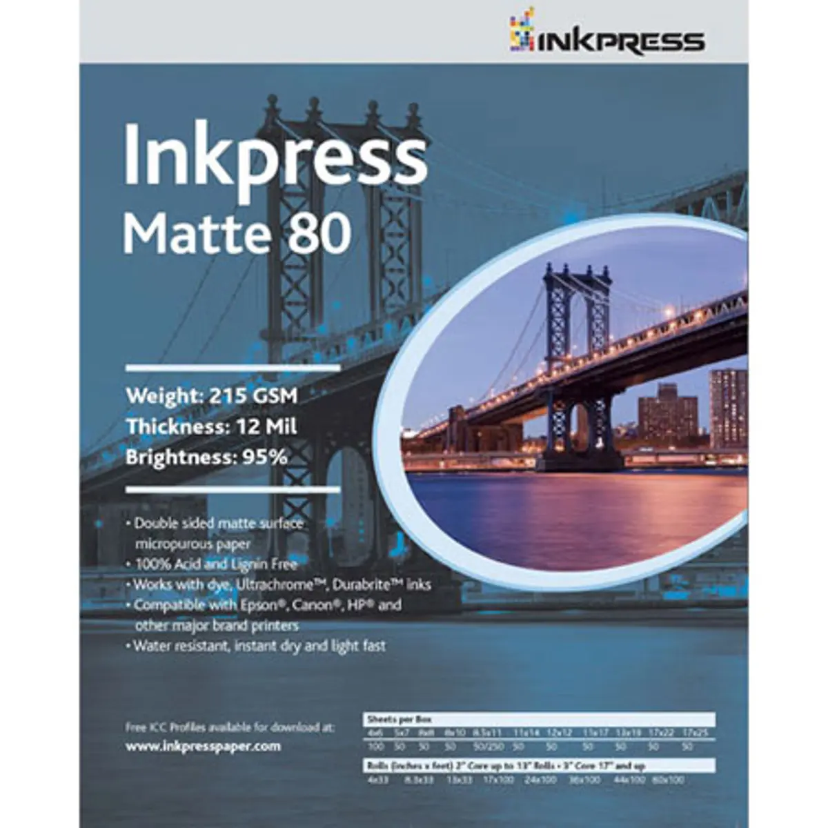 Inkpress Duo Matte Water Resistant Inkjet Paper, 215 gsm Weight, 12 mil Thickness, 95% Brightness, 8.5x11" Standard Size, Double Sided, 250 Sheets, Matte Paper