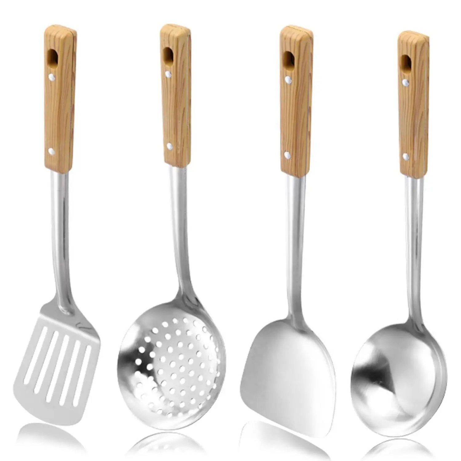 4PCS Wooden Handle Untensils Set Stainless Steel Spatula Ladle Soup with Holes Strainer Slotted Spoon for Kitchen Supplies Metal Cooking Utensils