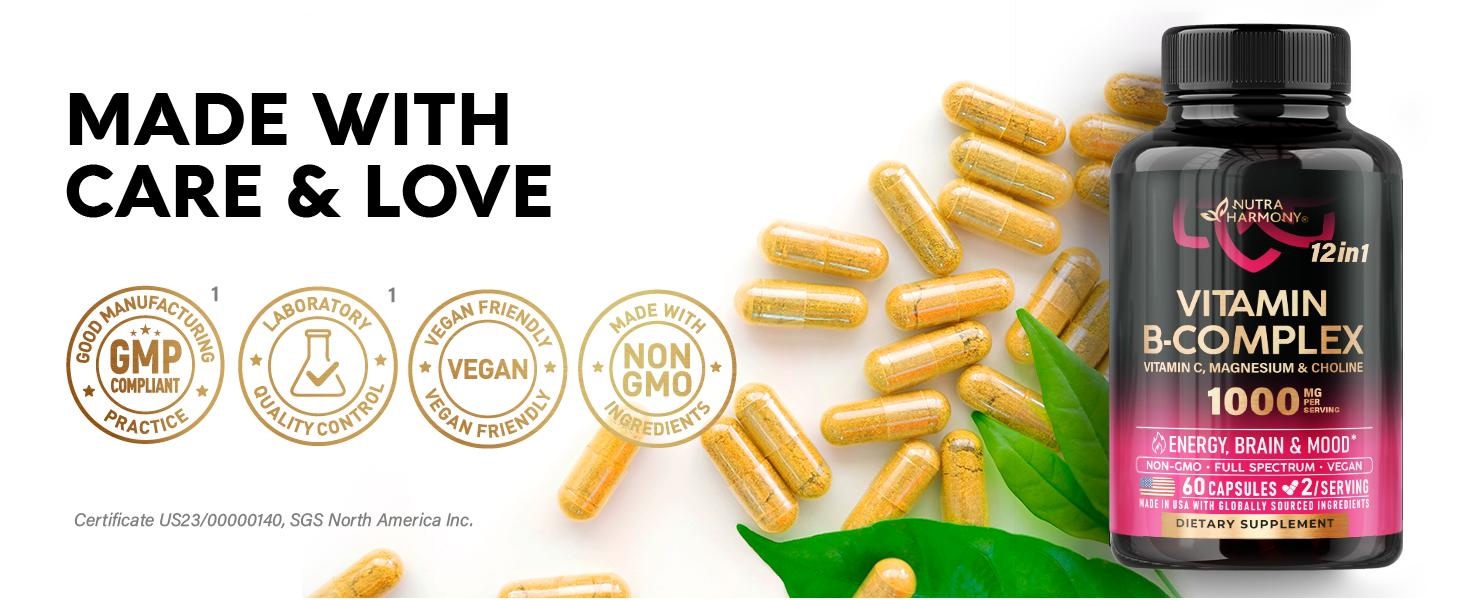 Vitamin B Complex Capsules for Men & Women - 11-in-1 B-Complex: B1, B2, B3, B5, B6, B7, B8, B9, B12 with Vitamin C, Choline, Inositol - Made in USA - Vegan, Non-GMO Vitamin B Complex Capsules for Men & Women - 11-in-1 B-Complex: B1, B2, B3, B5, B6, B7, B8, B9, B12 with Vitamin C, Choline, Inositol - Made in USA - Vegan, Non-GMO