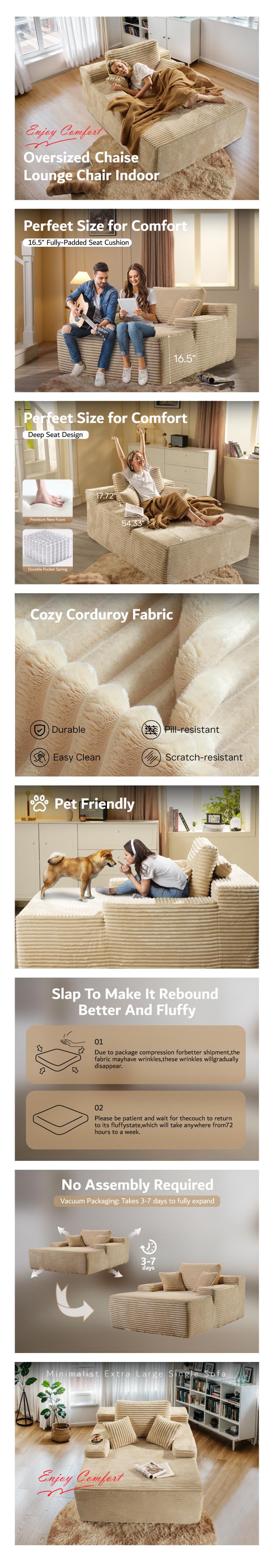 【2 Packages Shipping】Ovios 98''W Boneless Chaise Lounge Set, Upholstered Sofa Bed with Throw Pillows and Armrests, Indoor Sleeper Couch- Luxurious Plush Corduroy Chair Bed for Living Room - No Assembly Required 【2 Packages Shipping】Ovios 98''W Boneless Chaise Lounge Set, Upholstered Sofa Bed with Throw Pillows and Armrests, Indoor Sleeper Couch- Luxurious Plush Corduroy Chair Bed for Living Room - No Assembly Required