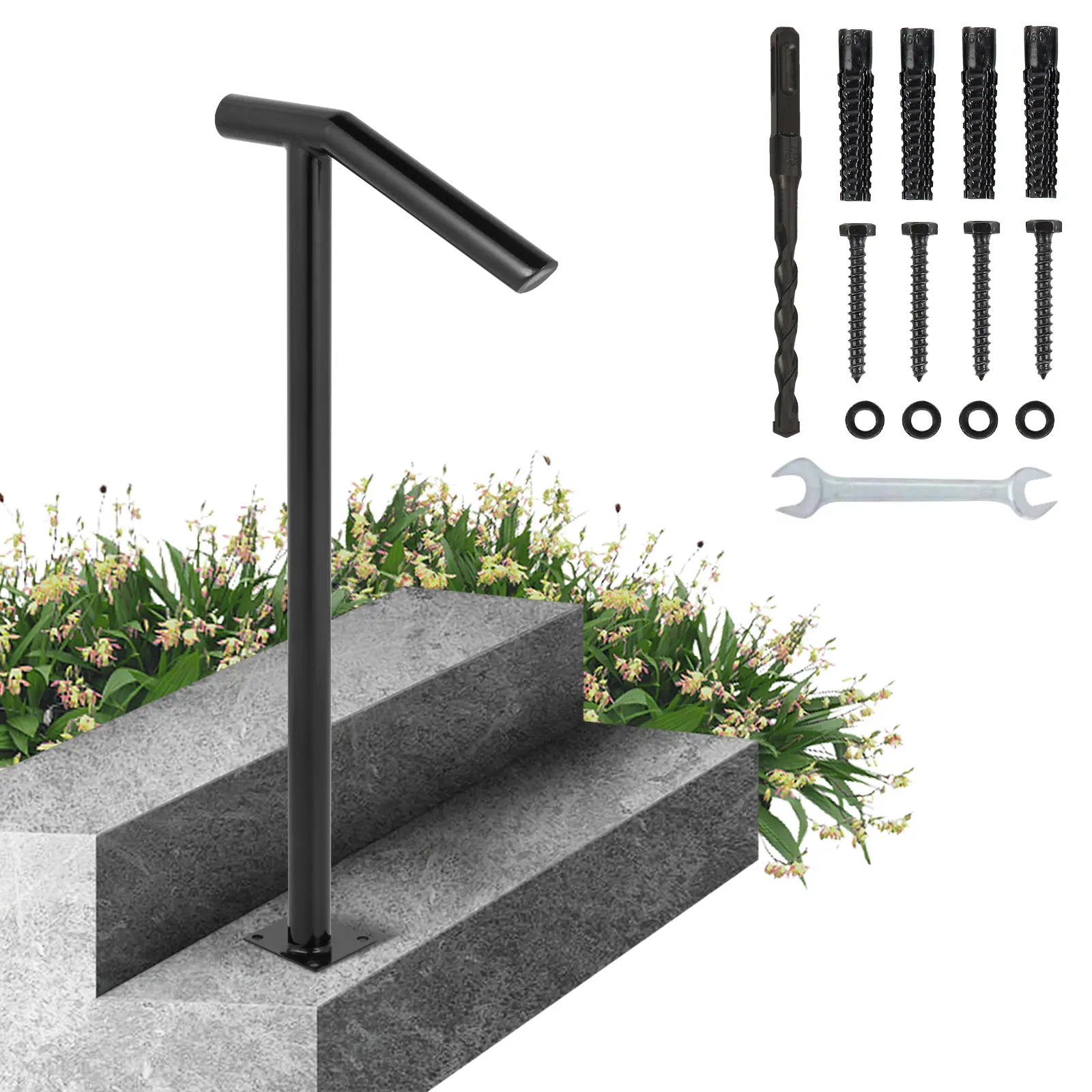 Black Steel Metal Single Post Railing - 441 lbs Capacity, Baking Varnish Finish, Stylish Handrails for Outdoor Steps, Includes Expansion Bolts & Drill Bit