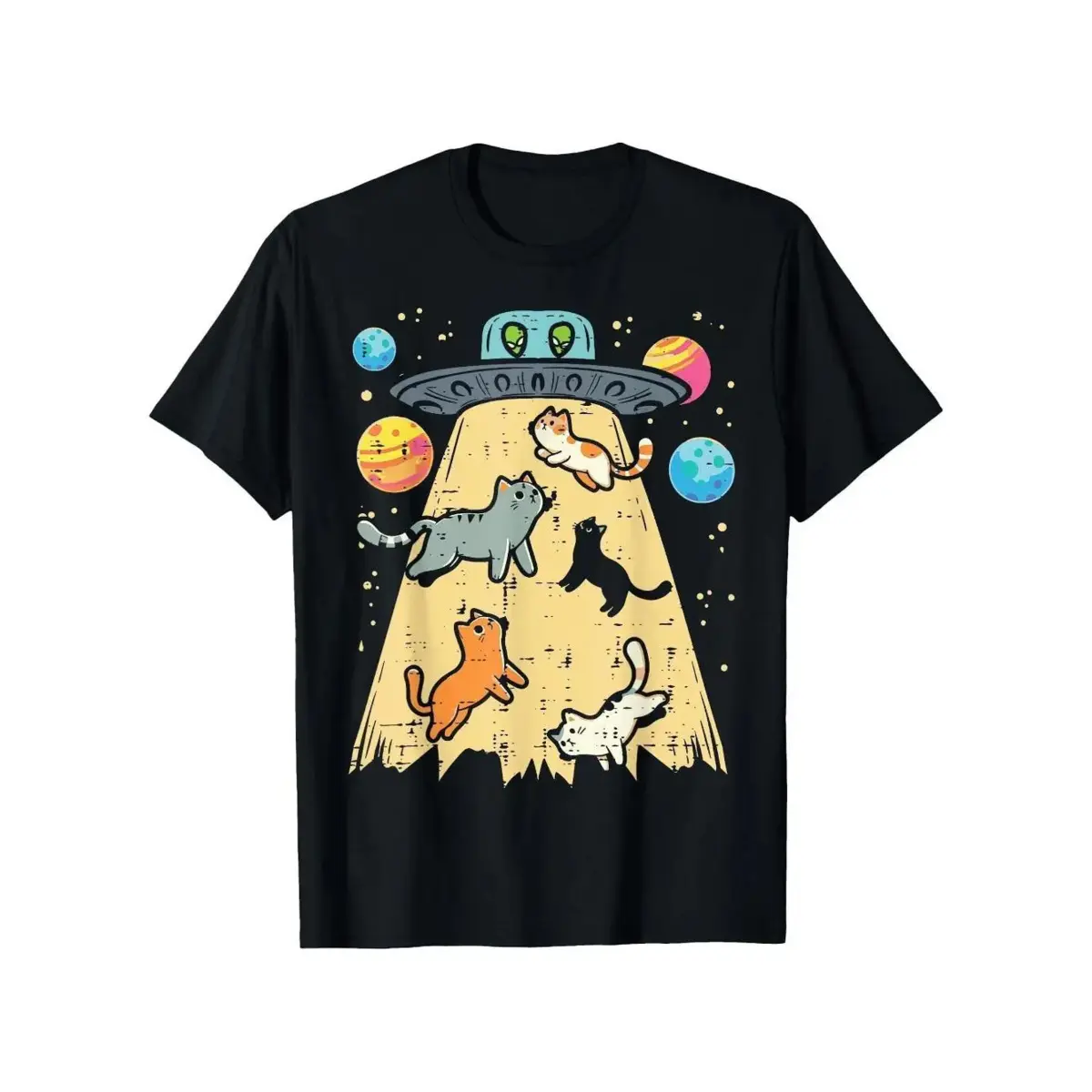 Alien Catch Cat UFO Sp Galaxy Graphic T-Shirt - Crew Neck Short Sleeve Tee for Men & Women, Casual Outdoor & Daily Wear, Fun Gift for Mom Dad Friends, Allseason Apparel, Playful Design, Machine Washable, Durable Print
