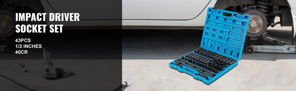 VEVOR Impact Socket Set 1/2 Inches 43 Piece Impact Sockets, TikTokShopBlackFriday, Standard Socket Assortment, 1/2 Inches Drive Socket Set 6-Point Sockets Metric 9-30mm (Standard/Deep)