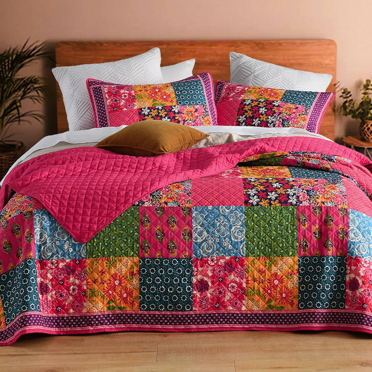 Tex Stead Grandmacore Floral Patchwork Quilt Set - Reversible Vintage Bedspread, Lightweight Pet-Friendly Coverlet for Bedroom & Guest Room (3-Piece)