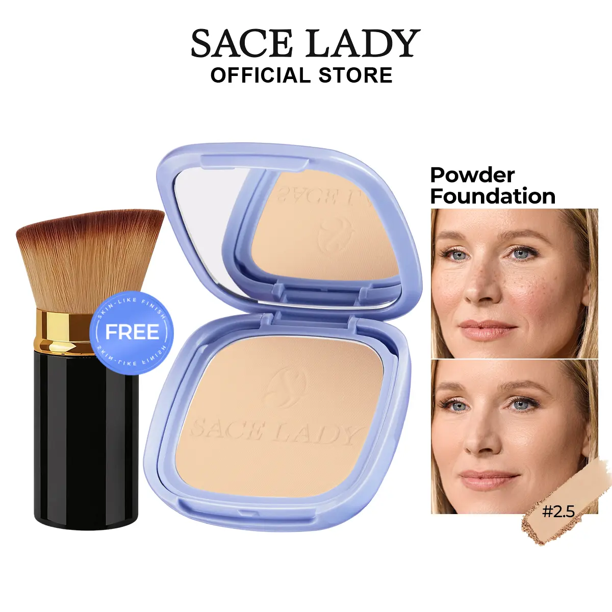 SACE LADY Compact Mineral Pressed Powder Foundation with Hyaluronic Acid, Oil Control, Buildable Flawless Coverage, SPF30 PA+++, Long-Lasting Natural Finish, Fine Powder for Mature Sensitive Skin