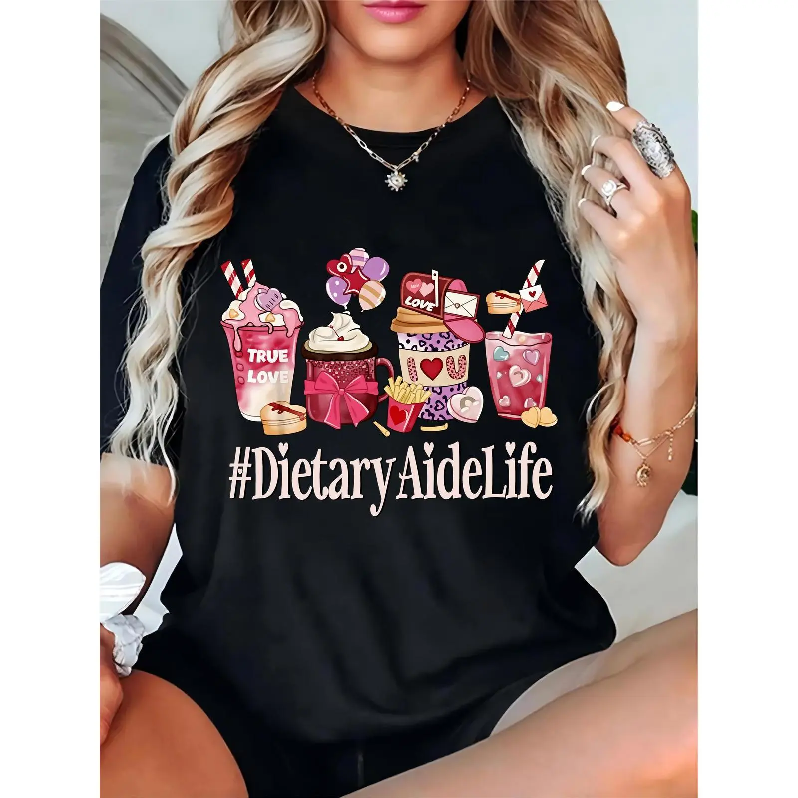 Women's Valentine's Day #DietaryAideLife T-Shirt, Cute Love-Themed Drinks & Snacks Hearts Print, Casual Healthcare Worker Apparel 100% Cotton T-shirt