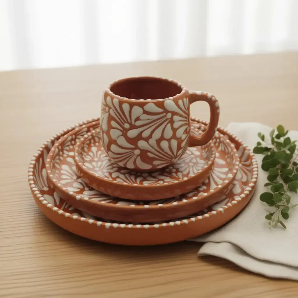 Handmade Talavera Dinnerware Set | Brown & White 4-Piece