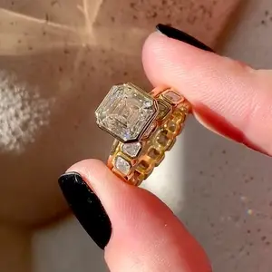 【#16 AC】Synthetic Moissanite S925 Sterling Silver Bezel Asscher Cut 3 Carat Women Engagement Wedding Ring