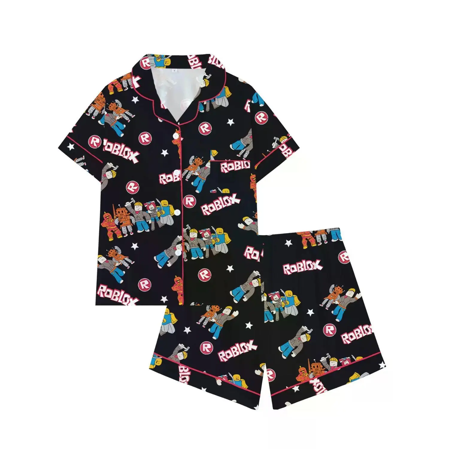 Teen Boys' Roblox Short Sleeve Pajama Set with Turn-Down Collar, Fun Cartoon Print Sleepwear, Game-Inspired All-Season Pajamas