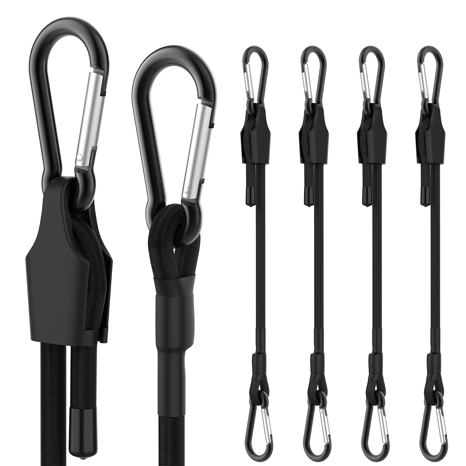 4-Pack Heavy Duty Adjustable Length Rope Tightening Straps with Carabiner Hooks, 8-42 in Cargo Securement Straps (12inch-2pcs, 36 inch Options) for Outdoor Cargo, Bike, Kayaks, Length Adjustable