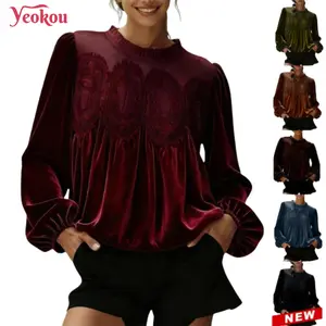 Yeokou Women's Long Sleeve Velvet Trim Lace Blouse Elegant Flared Swing Top Round Neck Casual Wear for Parties Weddings Dinners Office Dates