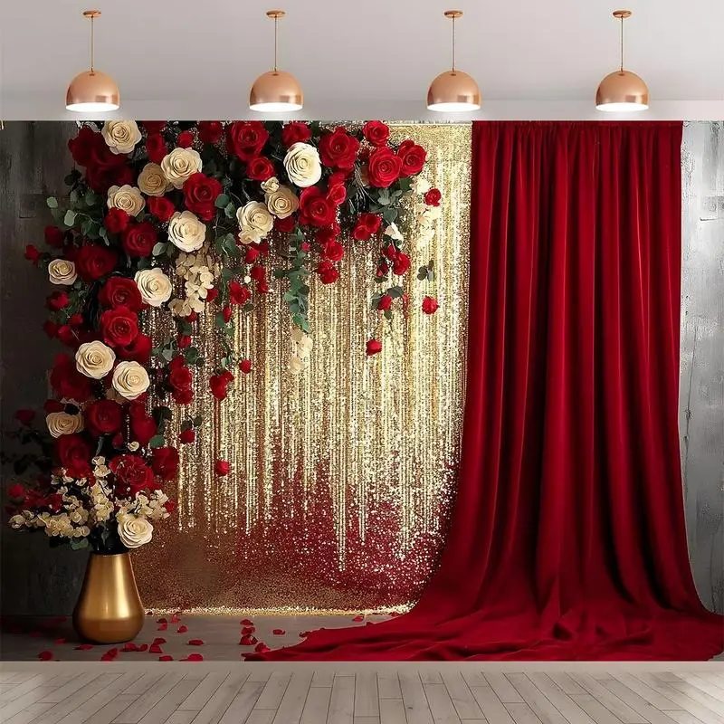 2D Printing Red-Gold Luxurious Floral Wall Hanging Backdrop - Party Decor Banner with Golden Tassel, Wine Red Curtains, Elegant Flower Arrangement for Wedding, Banquet, Noble Romantic Vibe Ideal Gift, Birthday-Themed Festive Backdrops & Banners