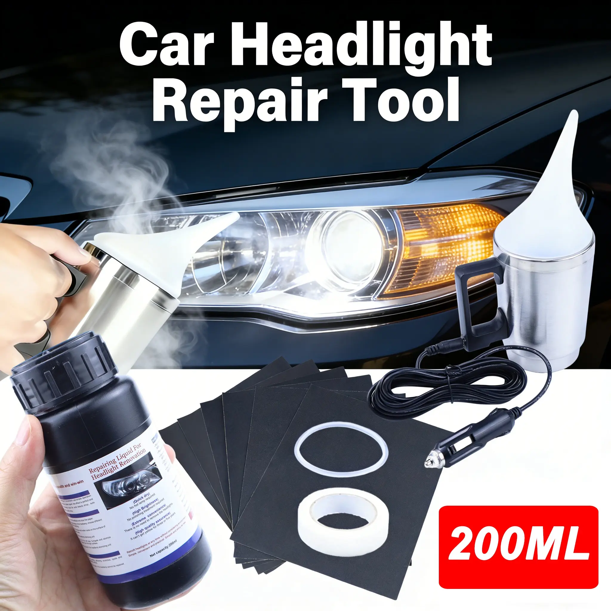 Headlight Restoration Kit - Car Headlight Restoration 200ml Restoration Solution, Headlight Restoration Polishing Kit, Headlight Polishing Agent, Quickly Removes Oxidation and Yellowing