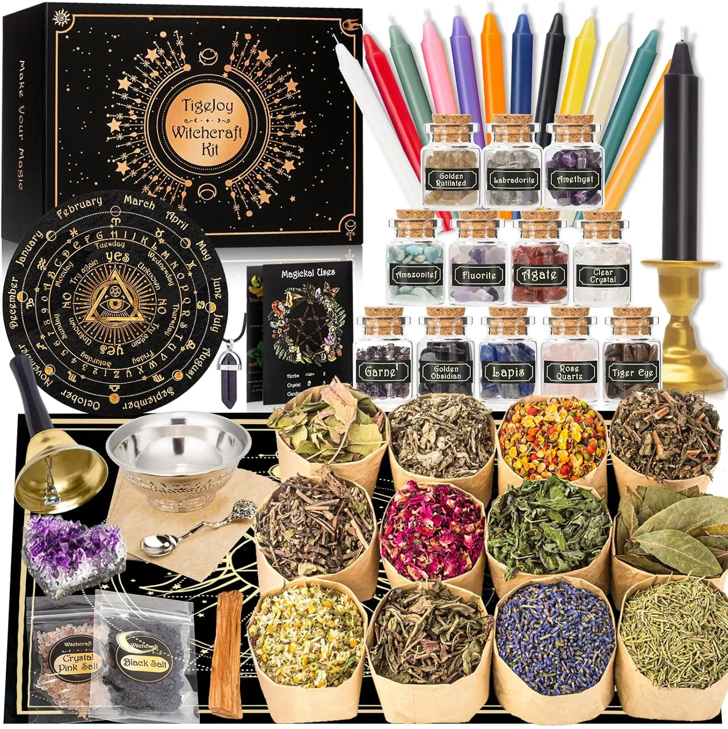 Witchcraft Supplies Witch Stuff Spell Kit 60PCS, Wiccan Supplies and Tools, Include Herb Crystal Candle Amethyst Altar Bowl Witch Bell, Witch Gift Wiccan Starter Kit Altar Supplies Pagan Decor