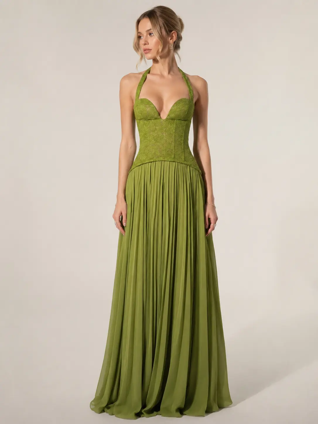 Women's Chic Halter Neck Maxi Dress, Backless Ruched Corset Gown, Pleated Polyester Formal Wear for Wedding Guests, Style, Evening, Fit