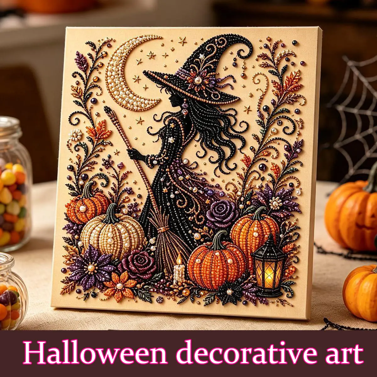 Halloween Witch Diamond Art Kit - DIY Pearl & Bead Painting Set with Stars, Pumpkin, Moon, Flowers, Lantern, Fall Theme - Indoor Recreation Wall Decor for Home Decoration & Gifting, Beads, Diamond Art Kits
