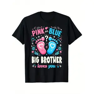 Pink or Blue Big Brother Loves You Gender Reveal T-Shirt - Unisex Family Pregnancy Announcement Shirt with Footprints & Hearts, Shower Outfit for Boys & Girls, Sibling  Streetwear Oversized