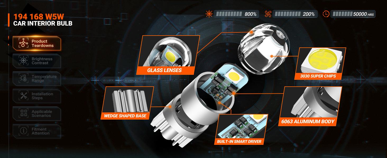 SEALIGHT 194 LED Bulb 6000K White, License Plate Light, Dome Light, T10 168 2825 W5W 3030 Bright Chips Wedge for Replacement Light Bulb, Map Trunk Door Courtesy Dash LED Light Bulb,Pack of 10, FathersDayGift