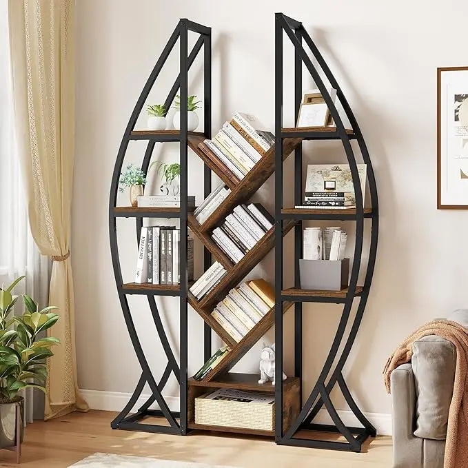 Yitahome Oval Bookshelf, 5 Tier Etagere Bookcase Industrial Display Shelves for Living Room, Bedroom, Home Office, Retro Brown/Black