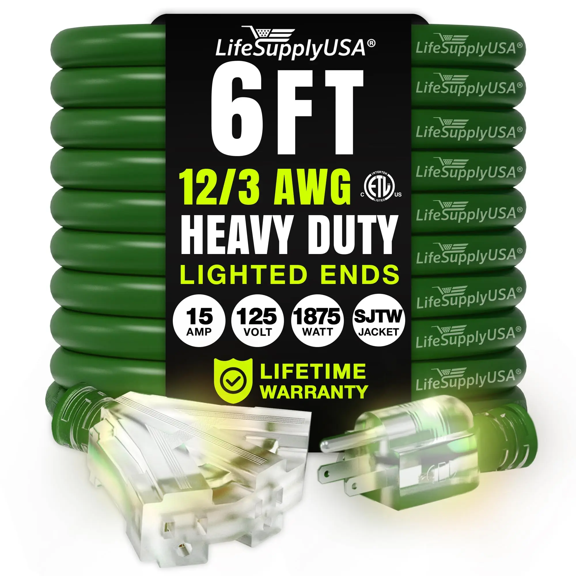 LifeSupplyUSA Heavy-Duty 3-Prong SJTW Extension Cord, 3-Outlet, 15A 125V 1875W, ETL Listed, Waterproof, Flexible Cold-Resistant, Lighted Ends, for Construction, Home Use