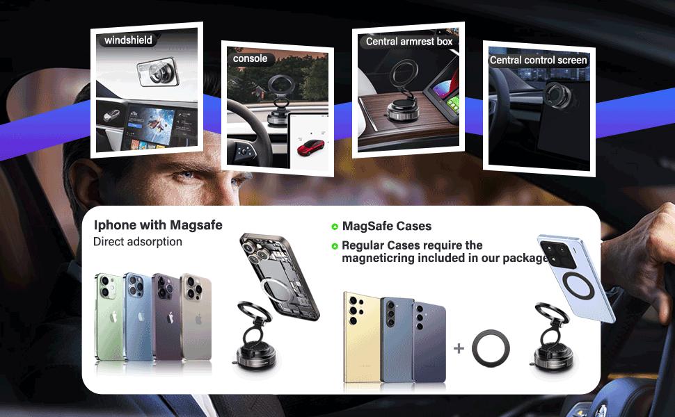 MagSafe Vacuum Magnetic Super Suction Cup Car Phone Holder Car Phone Holder, 360° Adjustable Magnetic Phone Holder, Hands-Free Suction Cup Phone Holder, Car Phone Holder for All Smartphones, Vehicles and Gym/Bathroom Mirrors
