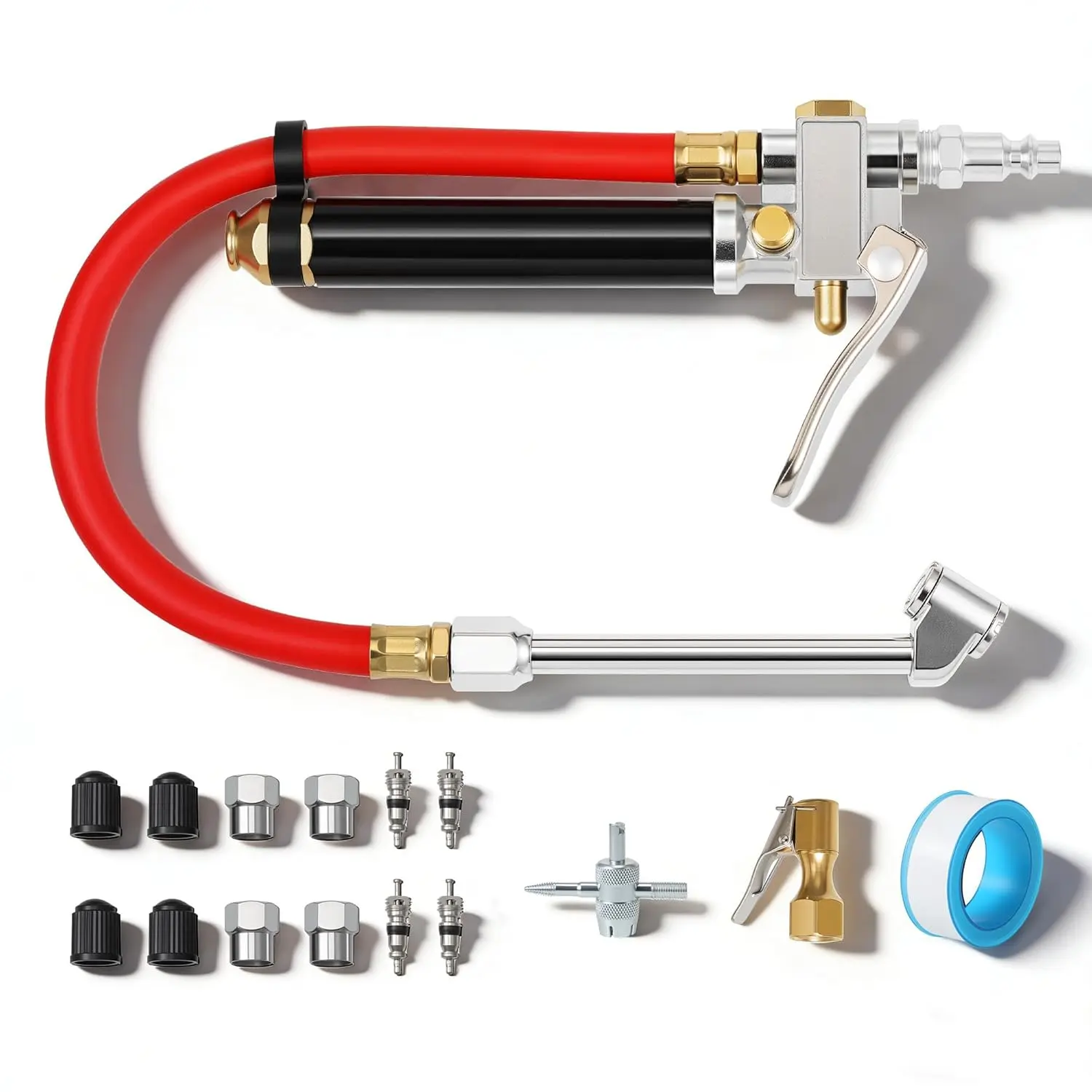 Heavy Duty Tire Pressure Gauge with Inflator Air Chuck with Pressure Gauge with 4 Way Tool and Valve Cores Air Compressor Attachments Tire Inflator Nozzle for Car Automotive Truck
