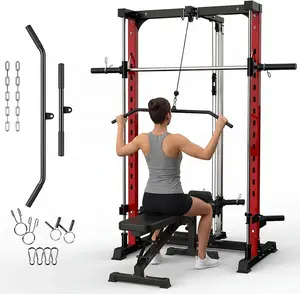 Smith Machine Home Gym, 1000LBS Multi-Functional Smith Machine with Squat Rack & LAT Pulldown System, Power Rack Power Cage with Barbell Bar