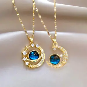 [New Arrival] 2-Piece Set: Dreamy Blue Planet & Moon Pendant Necklaces.High-Quality Jewelry-A Stylish, Upgraded Design.Perfect for everyday wear and an ideal gift for the holidays; a wonderful present for friends and family.