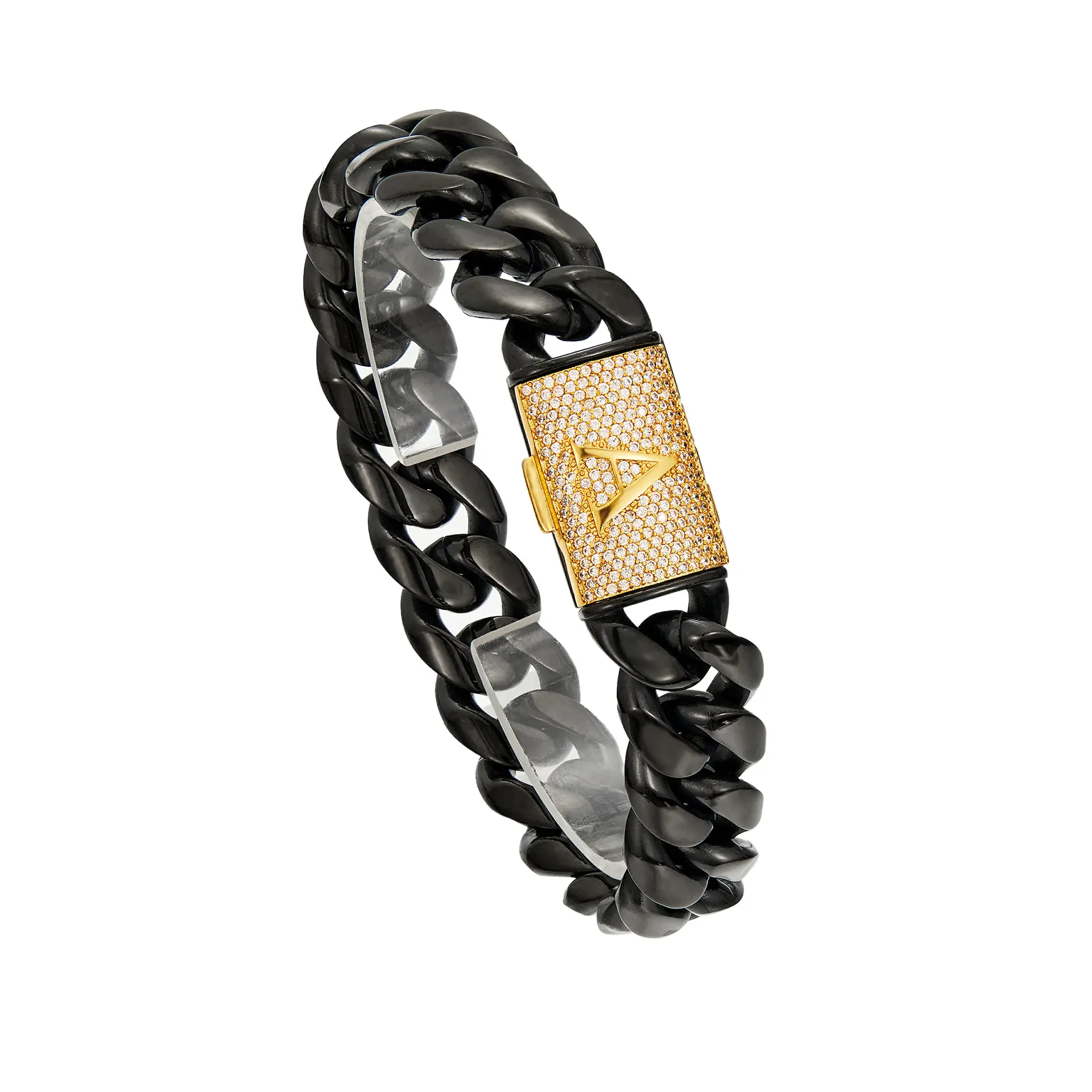 【Limited Gift box set 】26 English alphabet letters with flip-over rhinestone clasp, new black Cuban–link chain Personalized Couples Bracelet Hypoallergenic Gold Plated