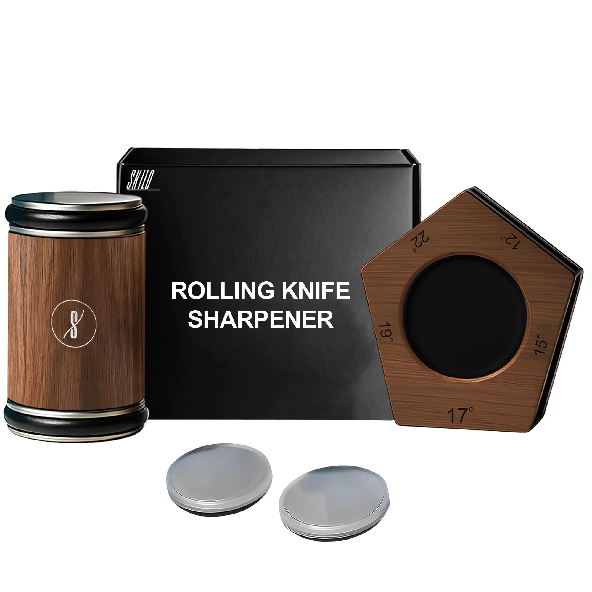 SKILO Rolling Knife Sharpener Made of Black American Walnut - Tumbler Knife Sharpener Knife Sharpening With Diamonds & Ceramic for Steel of Any Hardness With Magnetic Angle