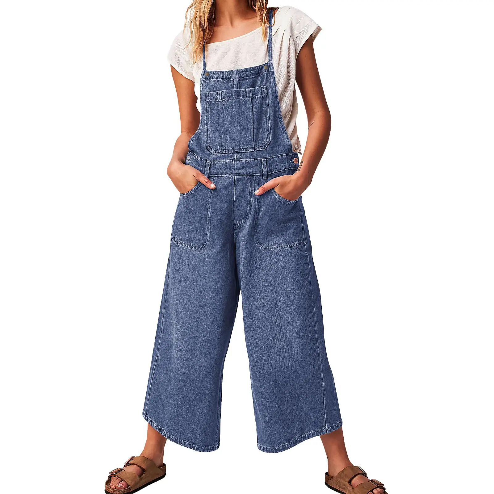 CHOUYATOU Women's Lightweight Denim Jumpsuit, Vintage Style with Adjustable Spaghetti, Retro Loose Fit Cropped Wide Leg, Fashion, Baggy, Backless, Oversized, Spaghetti Strap, Sleeveless, High Waist, Pockets, Comfortable, Fashion Apparel