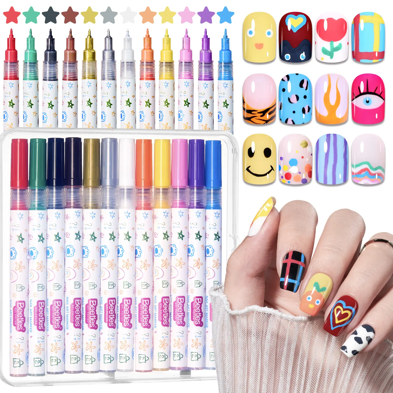 beetles Gel Polish Nail Art Pen Set, 12 Colors Quick Drying Acrylic Markers with 0.5mm & 0.7mm Tips for DIY Painting, Polka Dot & Letter Print, Travel Size, Nail Polish
