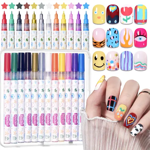Beetles 12-Color Gel Polish Nail Art Pen Multi-Pack - 0.5mm & 0.7mm Painting Pens, Shake Mix Tip, Quick-Drying Acrylic Ink, Smooth Flow, Portable, Fine Control for DIY Fashion Nails Polka Dot Artwork,familyfun