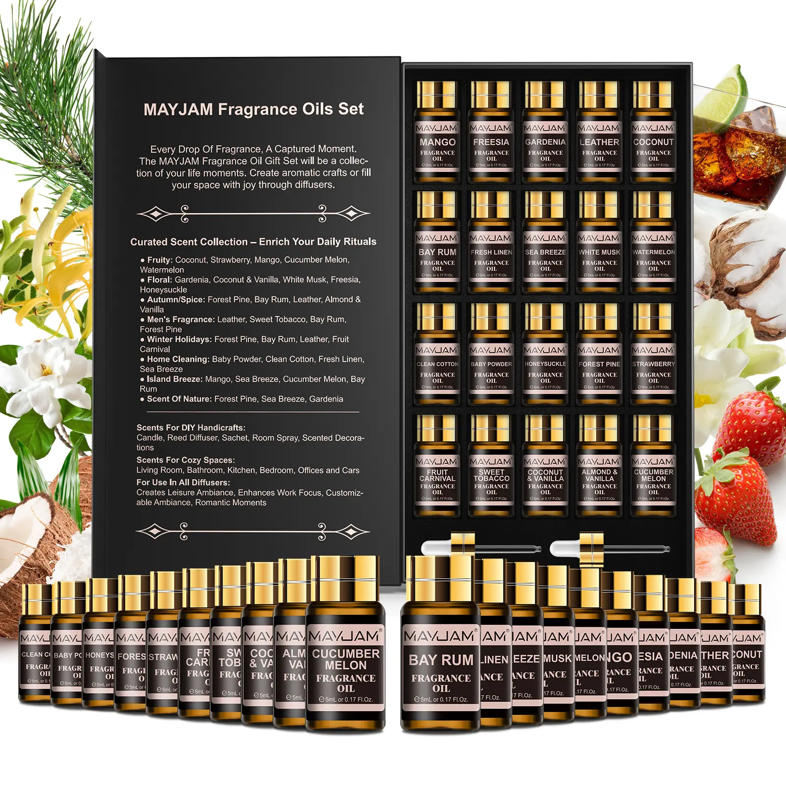 MAYJAM 20x5ml Long-Lasting Scented Oils Set - Flower, Coconut, Vanilla Scents for Diffusers, Soap Making, Candle Making, Room Fragrance, Birthday Gifting
