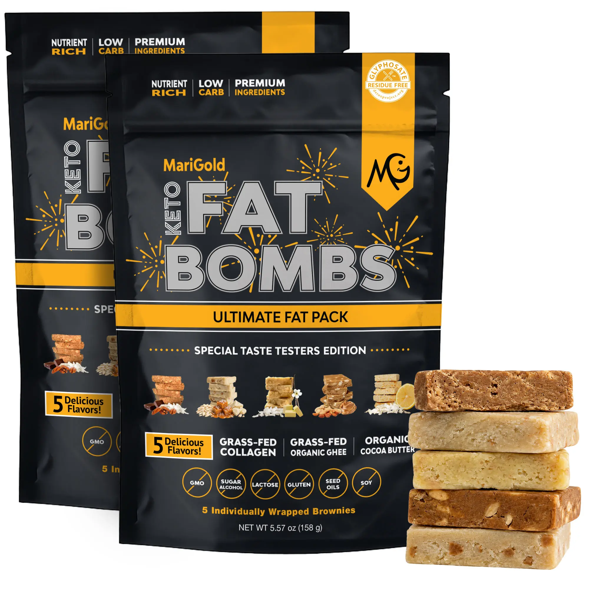 MariGold Keto Fat Bombs, 5-Flavor Sampler - 2 PACK - Low-Carb Protein Bars - Collagen Protein Bars, Healthy Low-Carb, Low-Sugar Snacks, Organic Ingredients, Gluten-Free, Non-GMO