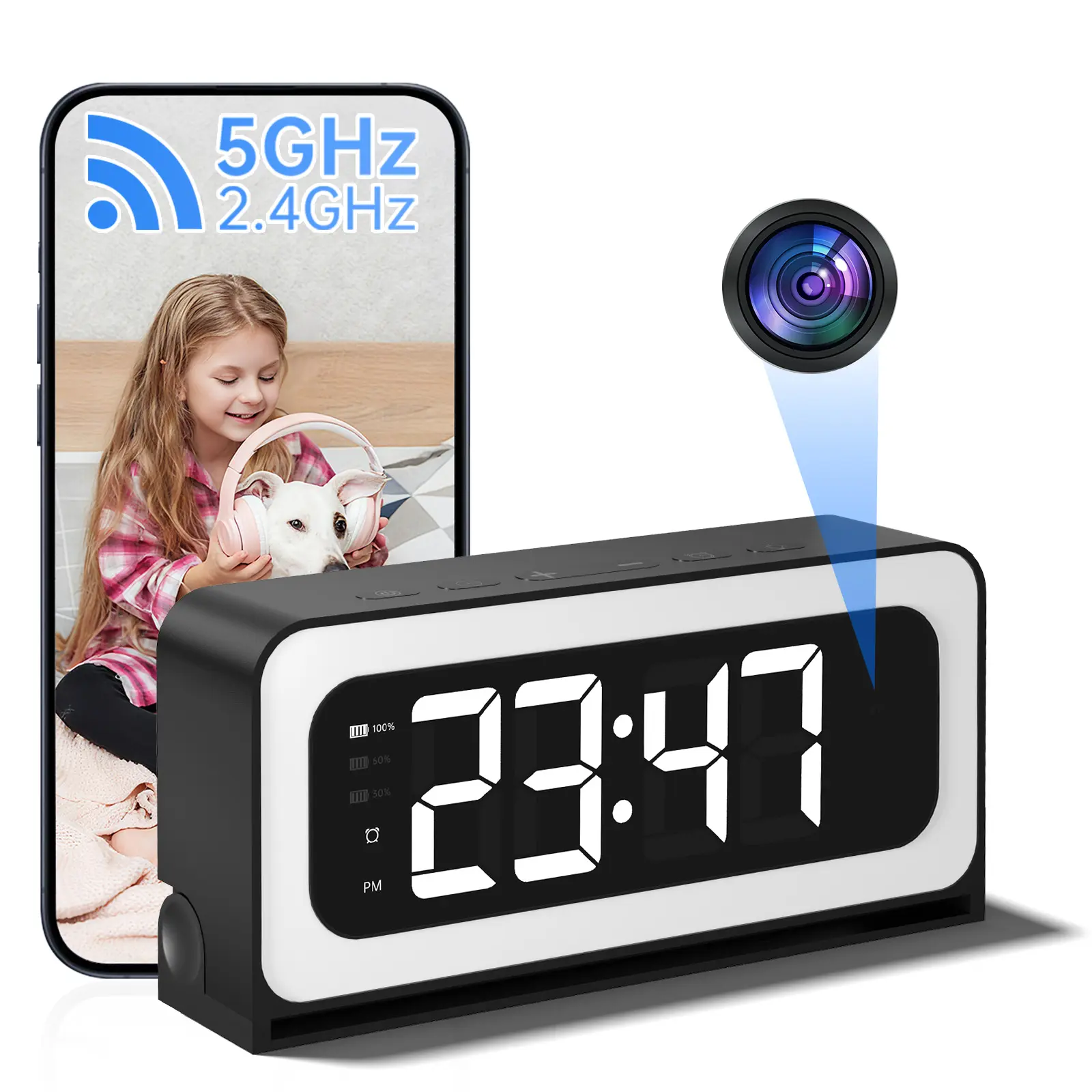 2K Smart Digital Clock Camera with Full-Color Night Vision, Dual-Band WiFi (2.4GHz & 5GHz), Two-Way Audio, Privacy Mode & Real-Time Home Monitoring