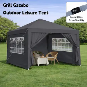 Pop Up Grill Gazebo Outdoor BBQ Canopy Tent with Removable Zipper Sidewalls 2 Window Panels Sun Shade Shelter with 4 Sandbag Weights and Portable Carry Bag for Backyard Patio Garden Barbecue Camping Party