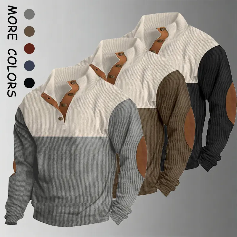 Menswear Stylish Men's Long Sleeve Casual Corduroy Colorblock Relaxed Fit Sweatshirt - Ribbed Cuffs, Button-Front Placket, Versatile Essential for Outdoor Hikes, Everyday Casual Wear, Men's Tops