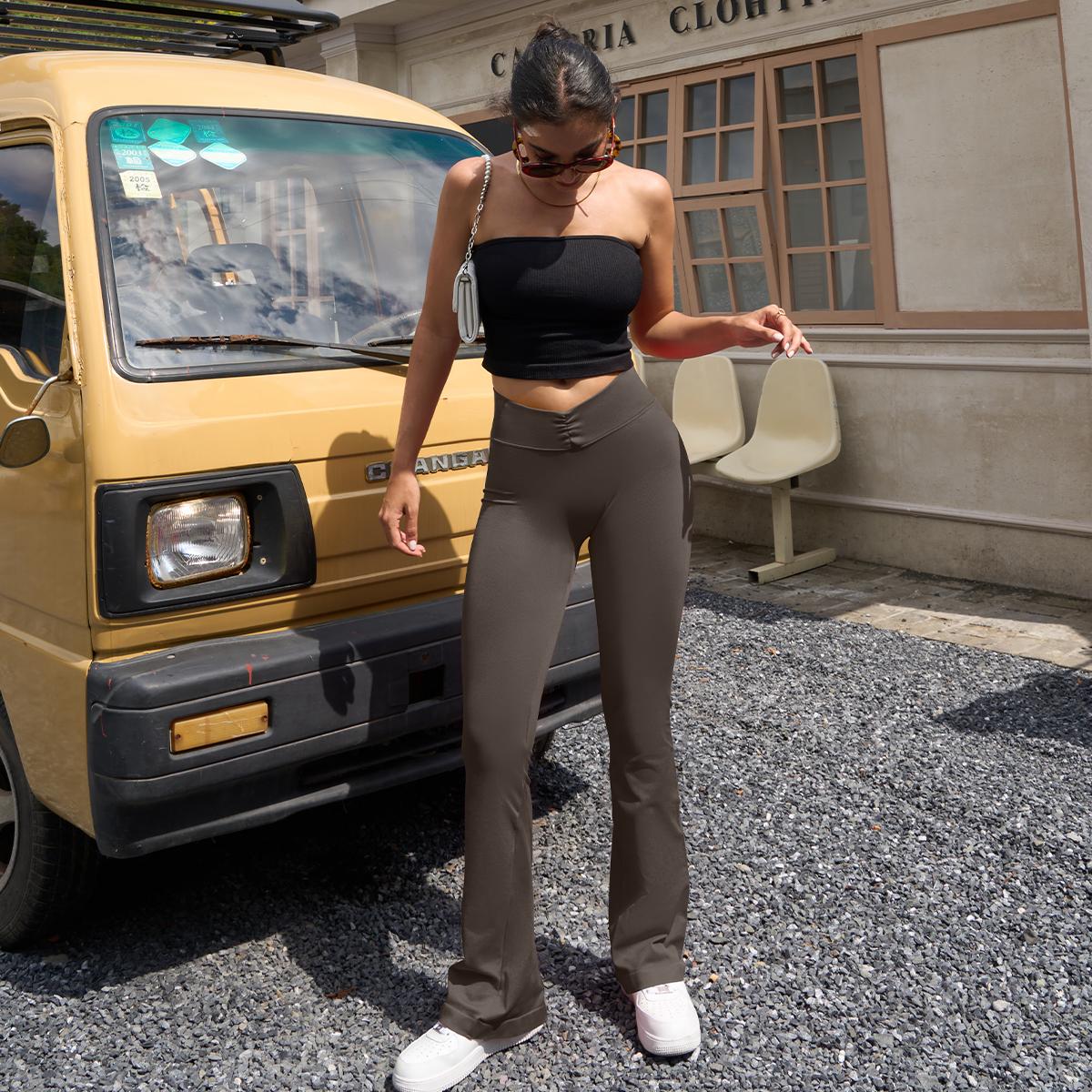 OQQ Women's 2 Piece Flare Leggings High Waist V Shirring Seamless Butt Lifting Tummy Control Wide Leg Gym Casual Workout Yoga Pants SpringStatements