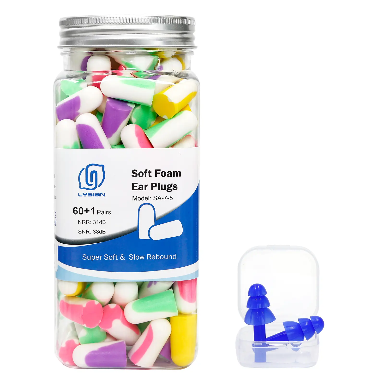 LYSIAN Ultra Soft Skin-Safe Foam Earplugs for Sleeping - 38dB Noise Reduction Earplugs for Shooting, Mowing, 61 Multi-Color Pairs, 60+1 Pair, Working, Studying, Protect Hearing, Slow Rebound
