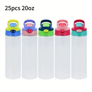 25pcs 20oz per box sublimated bouncing stainless steel kids’ water bottle with a flip-top design, multicolored tops
