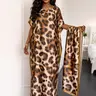 Moomoo Scarf Set Women's One-Size Leopard Printed Satin Kaftan Dress with Sleeves & Coordinating Scarf , Party Dress, Breathable Bohemian Style, Beach Vacation, Evening Casual Wear,sohochic