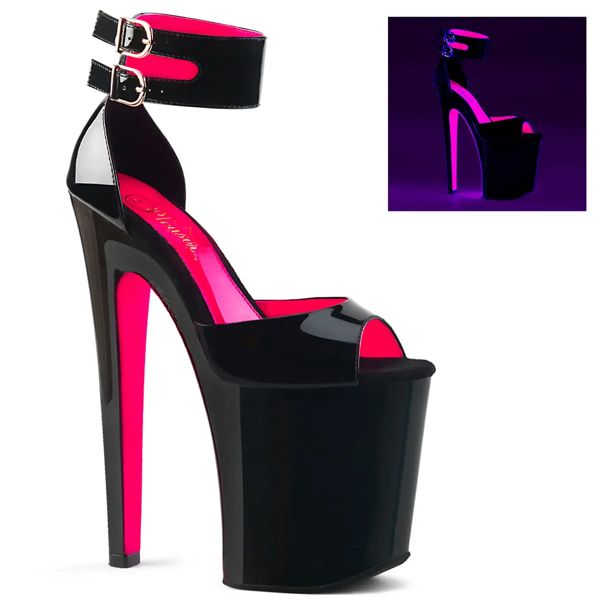 Pleaser Heeled Sandals, Women's Xtreme-875TT 2-Tone d'Orsay Fashion Platform with 8" Heel, Dual Buckle Cuffs & UV Reactive Bottom, High Heels, Bold Pink And Black Colorway, Stiletto Heels
