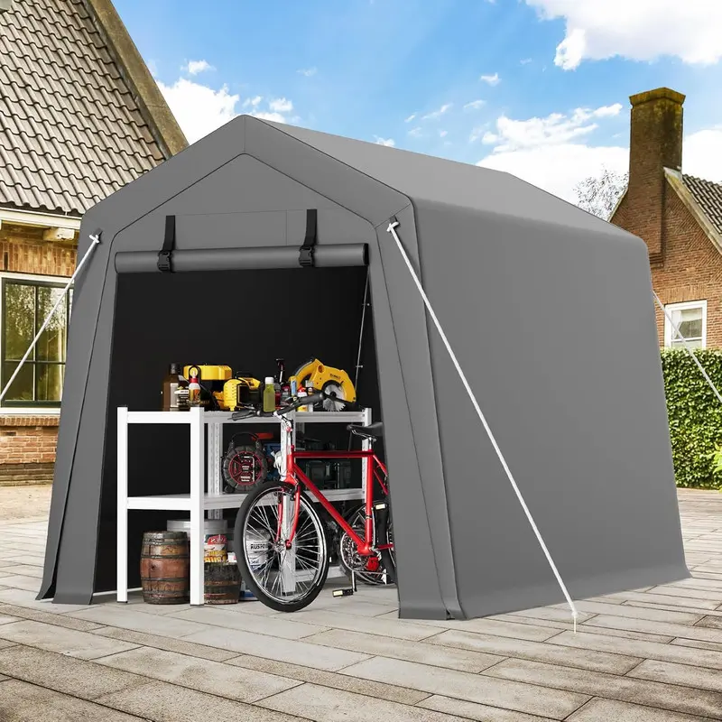 Garvee 6'x8' Rectangular Outdoor Portable Storage Shed, Waterproof & UV-Resistant, with 2 Roll-Up Doors, Ground Stakes Included, Carport Tent for Motorcycle, Bike