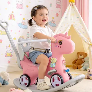 Rocking Horse for Toddlers , Balance Bike Ride On Toys with Push Handle, Backrest and Balance Board for Baby Girl and Boy, Unicorn Kids Riding Birthday (Pink)