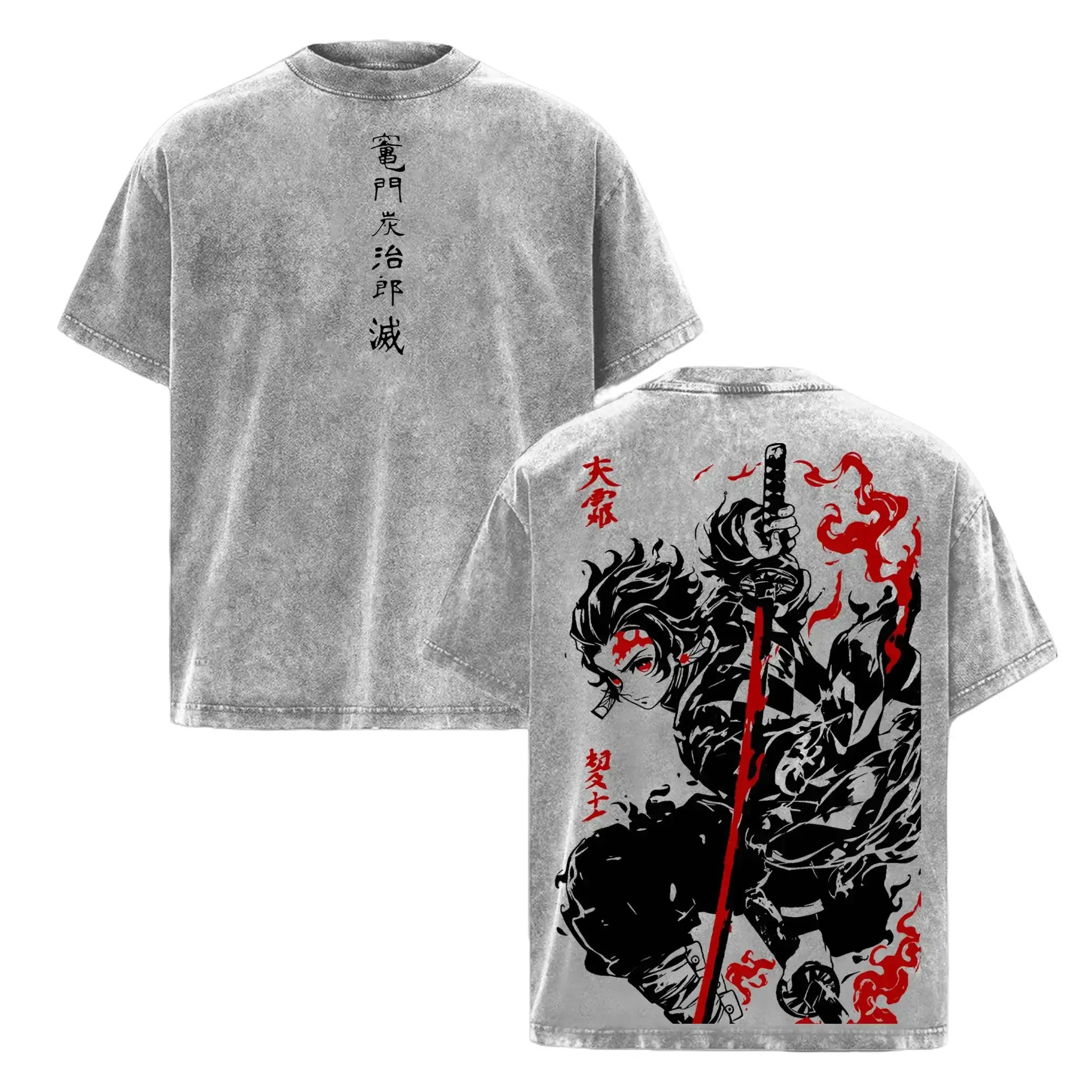 Men's Tanjiro Kamado Demon Slayer Kimetsu no Yaiba Heavy Cotton T-Shirt - Vintage Washed, Oversized, Breathable, Classic Crew Neck Layers with Ease, Unisex Retro Streetwear, Boxy Tee, Clothes Products Gift for Otaku Fans, None